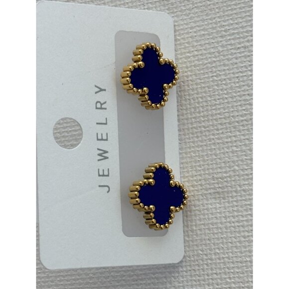 Gold-Tone Blue  Stud Earrings With Beaded Edges - Picture 6 of 8